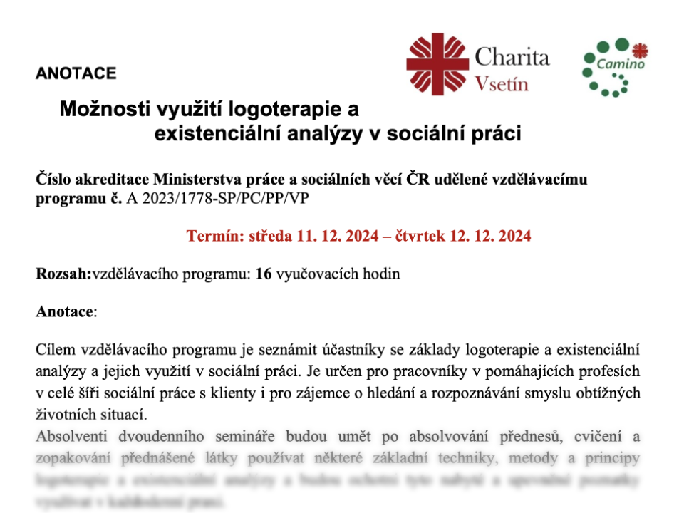 Náhled Možnosti využití logoterapie a existenciální analýzy v sociální práci (11.-12. 12. 2024)